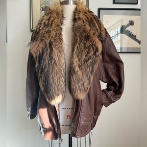 Vintage Soft Brown Leather Fur Bomber Jacket Coat L